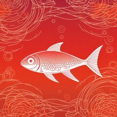 A natural line art of a fish on a red abstract 
