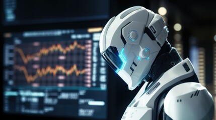 A close-up photo of a robot standing in front of a computer screen. The robot has a metallic body and a humanoid head with facial features. The computer screen is displaying a complex dataset of graph