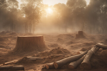 The trees in the forest were cut down, leaving only many stumps - obrazy, fototapety, plakaty