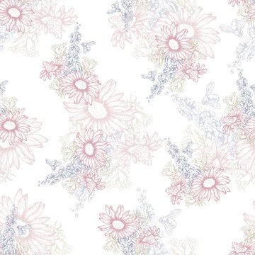 Vector seamless minimalistic pattern in delicate shades with botanical elements for printing on fabrics and paper