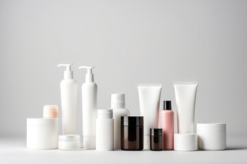 Fototapeta na wymiar Skin Care Products And White Bottles Set Against Clean White Background