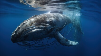 a whale entangled in fishing nets, worldwide ocean pollution