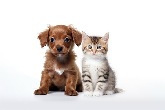 Small Kitten And Puppy Pose On White Backdrop