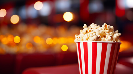 Red striped box of popcorn in the cinema background. Evening watching a movie or TV