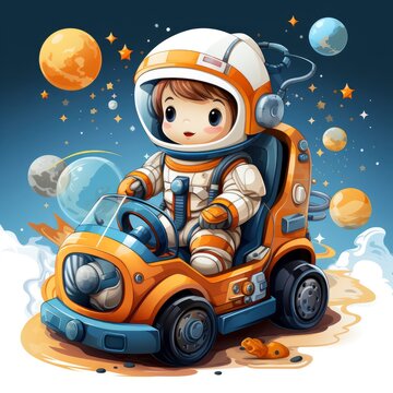 Astronaut Driving CarIcon,Cartoon Illustration, For Printing
