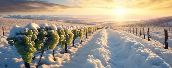 Wine grapes covered with snow on snowy vineyard after cold autumn season, panorama. Generative Ai - obrazy, fototapety, plakaty