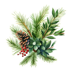 Whimsical watercolor painting of pine cone branch with red berries and evergreen leaves. Winter holiday concept