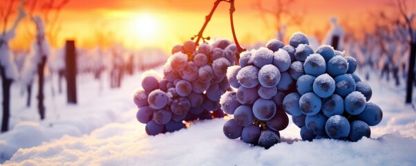 Fototapeta premium Wine grapes covered with snow on snowy vineyard after cold autumn season, panorama. Generative Ai
