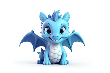 Cute blue dragon with a captivating smile stands proudly with wings outstretched on a white background. Cartoon character toy in 3d style