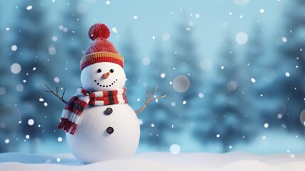 Naklejka na ściany i meble Merry christmas and happy new year greeting card with copy-spaceHappy snowman standing in winter christmas landscapeSnow background