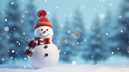Obraz premium Merry christmas and happy new year greeting card with copy-spaceHappy snowman standing in winter christmas landscapeSnow background