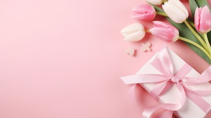 Mother's Day decorations concept Top view photo of trendy gift boxes with ribbon bows and tulips on isolated pastel pink background with copyspace