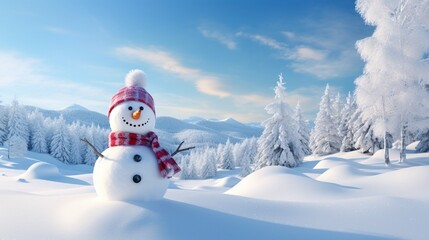 Fototapeta premium Panoramic view of happy snowman in winter scenery with copy space