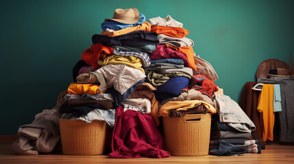 Pile of clothes in a basket on wooden floor against green wall