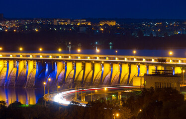 Night view of Dniproges hydroelectric dam on Dnieper river, Zaporizhzhia, Ukraine
