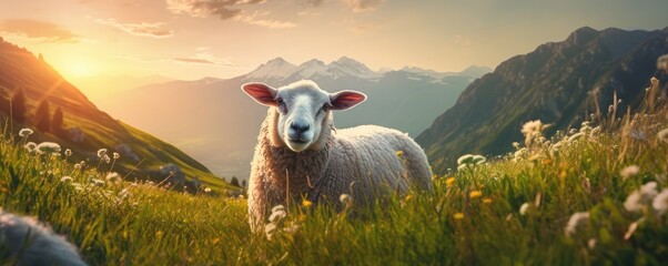 Sheep animal in the nice green and healthy landscape high in mountains, panorama. Generative Ai