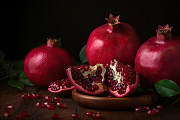 Ripe red pomegranates on wooden table, black background. Generative AI