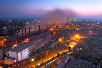 Evening panorama of Zaporizhstal metallurgical plant from the height of 150 m, Zaporizhzhia, Ukraine