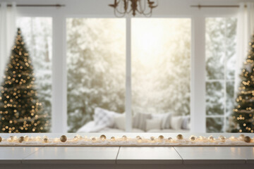 Wooden table with christmas decorations in living room, blurred background.