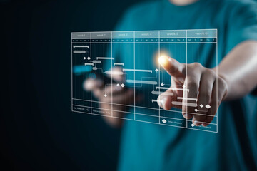 Businessman shows work project plans and updates work by planning milestones. Manager updates work Plan important activities by setting a schedule. Assess progress