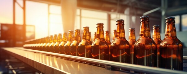 Beer glass bottles with fresh waterdrops on with empty white labels in factory, panorama. Generative Ai. - obrazy, fototapety, plakaty