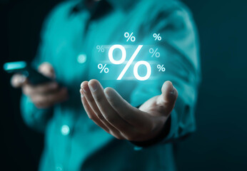 Businessmen show rate interest percentage rise, high, rise credit, business, bank, dividend,...