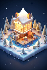 Christmas Eve, indoor lights are warm, it snows outside, winter heavy snow scenery, solar terms concept isometric illustration