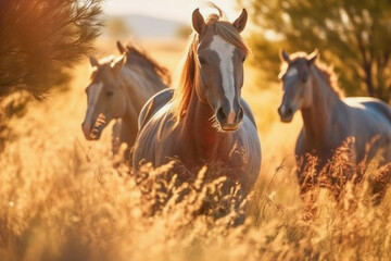 Horses running through the meadow