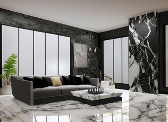 Modern loft living room 3d rendering image The room has a high ceiling. There is 3D wallpaper wall. White floors. Created with Ai