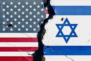 US VS Israel national flags isolated on cracked wall background, abstract US Israel politics...