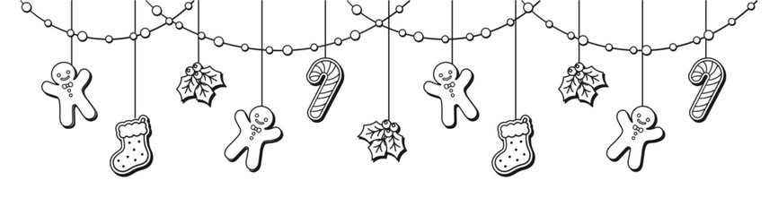 Merry Christmas Border Banner, Hanging Gingerbread Cookies and Mistletoe Garland Outline Doodle. Winter Holiday Season Header. Festive Web Banner Template. Vector illustration.
