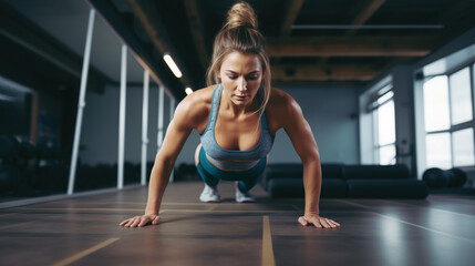 Fototapeta na wymiar Low angle Front view of fitness woman doing push-ups in gym