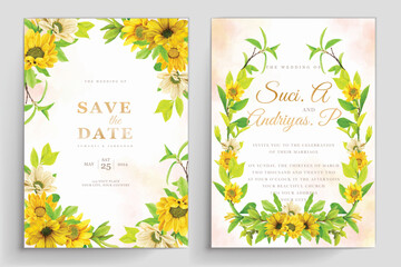 watercolor sunflower and green leaves invitation card design