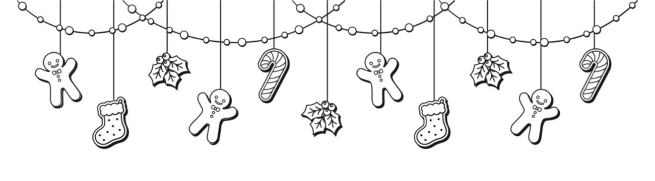Merry Christmas Border Banner, Hanging Gingerbread Cookies and Mistletoe Garland Outline Doodle. Winter Holiday Season Header. Festive Web Banner Template. Vector illustration.