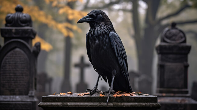Crow standing on Thombs stone in spooky cemetery in Halloween concept