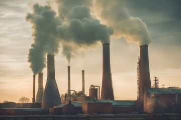 Factory smokestacks emit fumes that are harmful substances that damage the environment