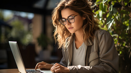 young female student wearing glasses using Notebook at home. concept of remote working or e-learning.