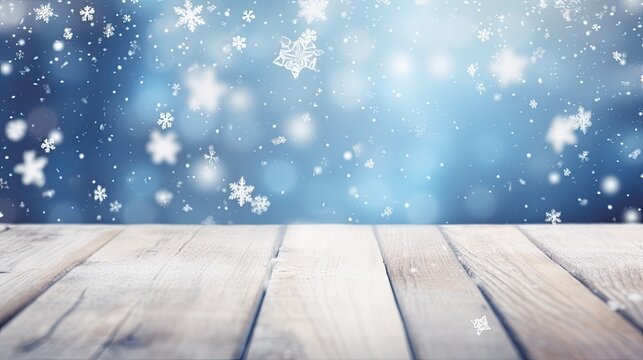 Beautiful snowy, defocused, blurred winter background and empty wooden flooring