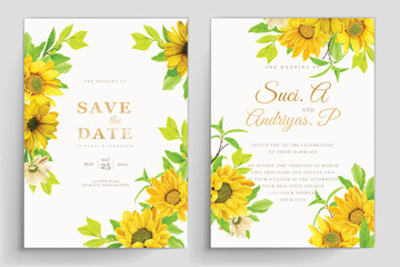 watercolor sunflower and green leaves invitation card design