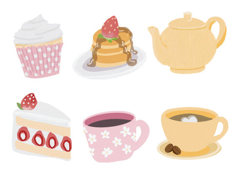 cute oil brush painting coffee bakery and tea set vector illustration