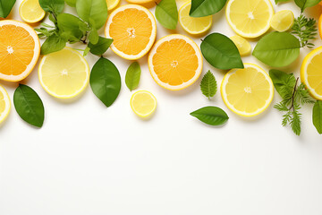 frame made from citrus slices and green leaves .isolated on a white background. copy space	
