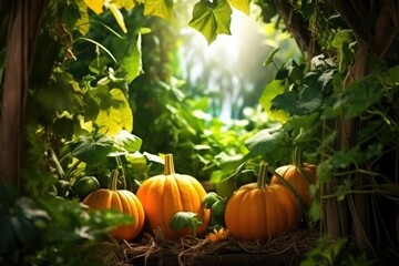 Halloween gardening in american garden with pumpkins. Generative Ai.