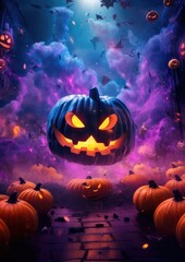 Fototapeta premium Halloween wallpaper with scary forest pumpkins and bats, american saints-day. Generative Ai.