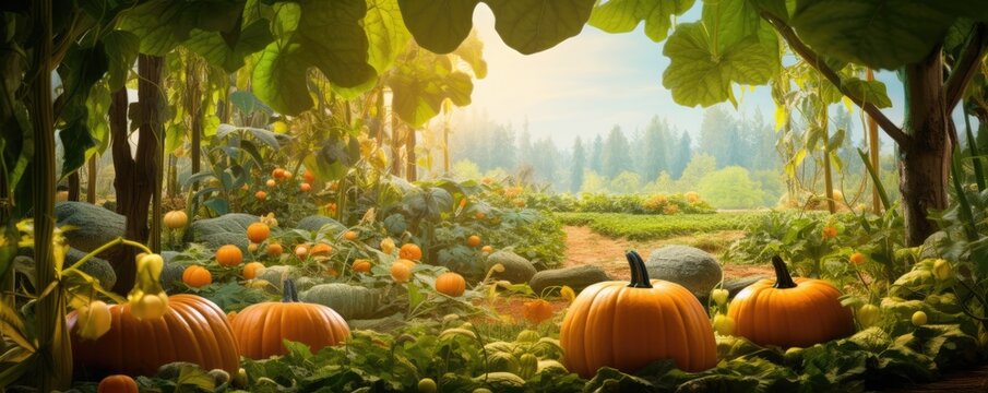Halloween gardening in american garden with pumpkins, panorama banner. Generative Ai.