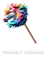Fototapeten Hobby Horse Horsing mit bunter Mähne Haare und Stock mit Schriftzug Steckenpferd © Tom