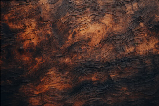 texture of old dark, burnt cracked wood with knots