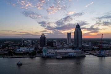 Fototapeta na wymiar Aerial view of waterfront skyline at sunset