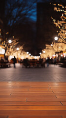 Wooden floor in the city at night. Blurred background.
