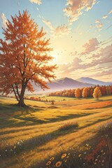 Naklejka na ściany i meble Vintage watercolor illustration of autumn meadow with small wildflowers during late autumn sunset with a sunflares in the background. Generative AI.