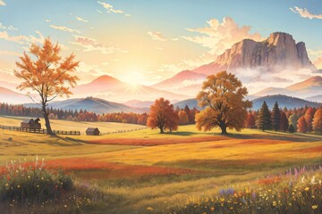 Vintage watercolor illustration of autumn meadow with small wildflowers during late autumn sunset with a sunflares in the background. Generative AI. - obrazy, fototapety, plakaty